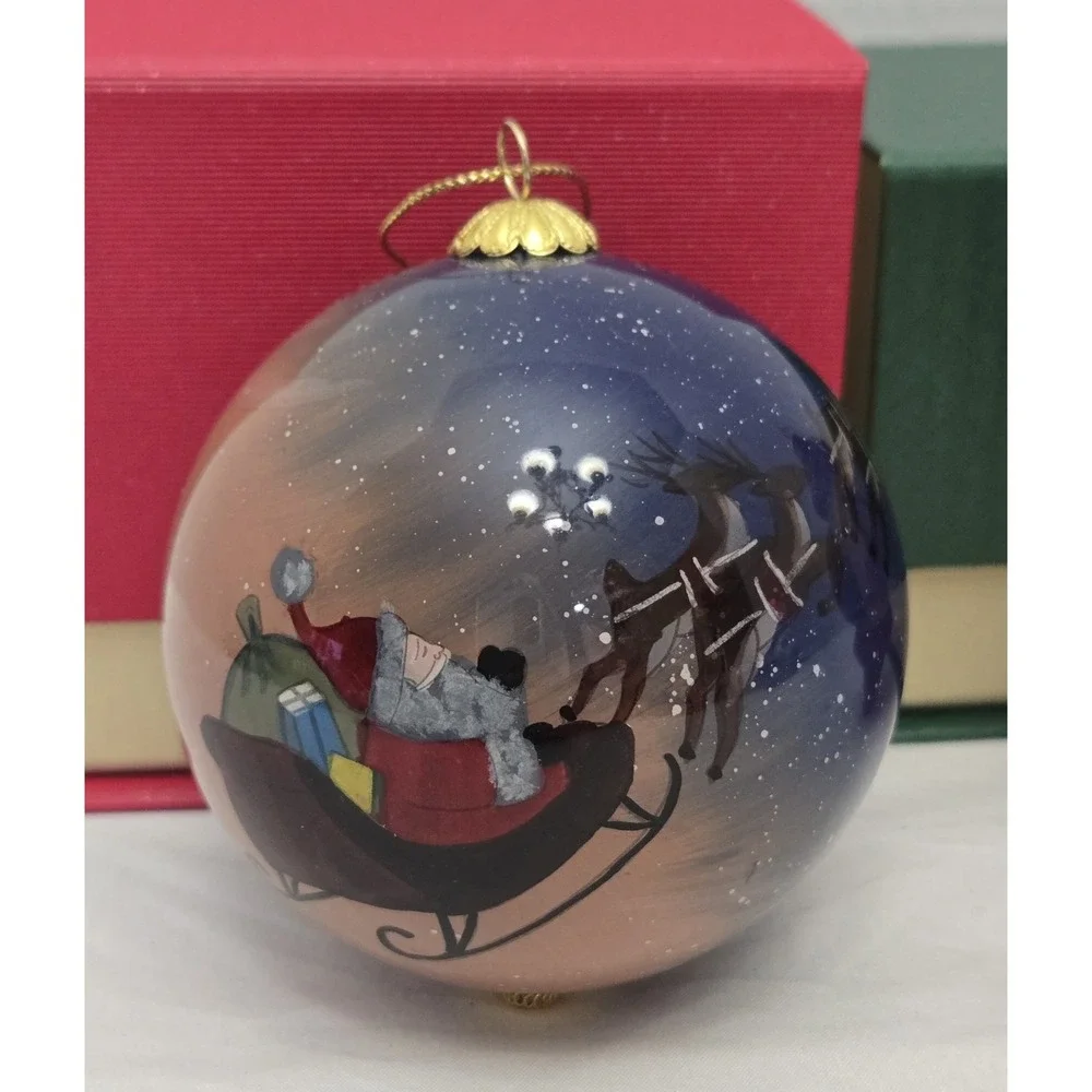 Lot/2 Pier 1 Li Bien Reverse Hand-Painted Glass Christmas Ornaments with Boxes